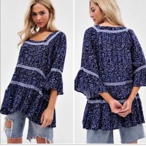 Free People Blue Floral Talk About It Boho Oversized Tunic